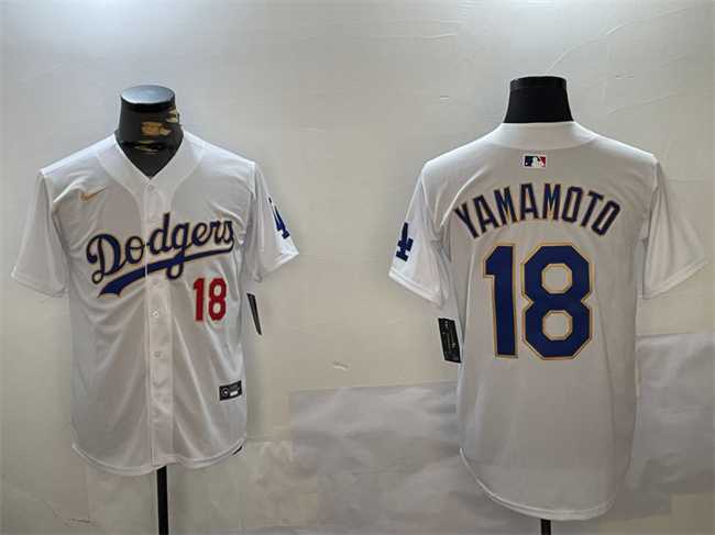 Mens Los Angeles Dodgers #18 Yoshinobu Yamamoto White Gold Home Limited Stitched Jerseys